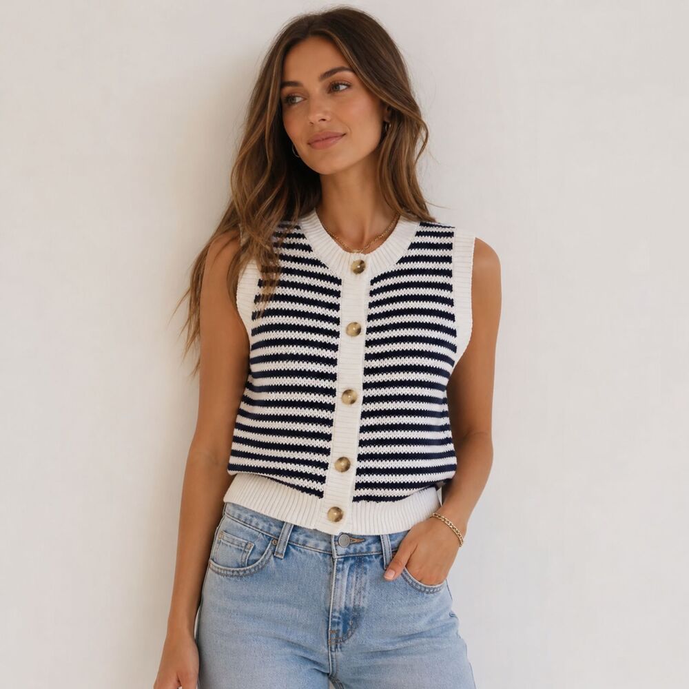 Marled Reunited Striped Knit Sweater Vest Cardigan White Navy L NWT